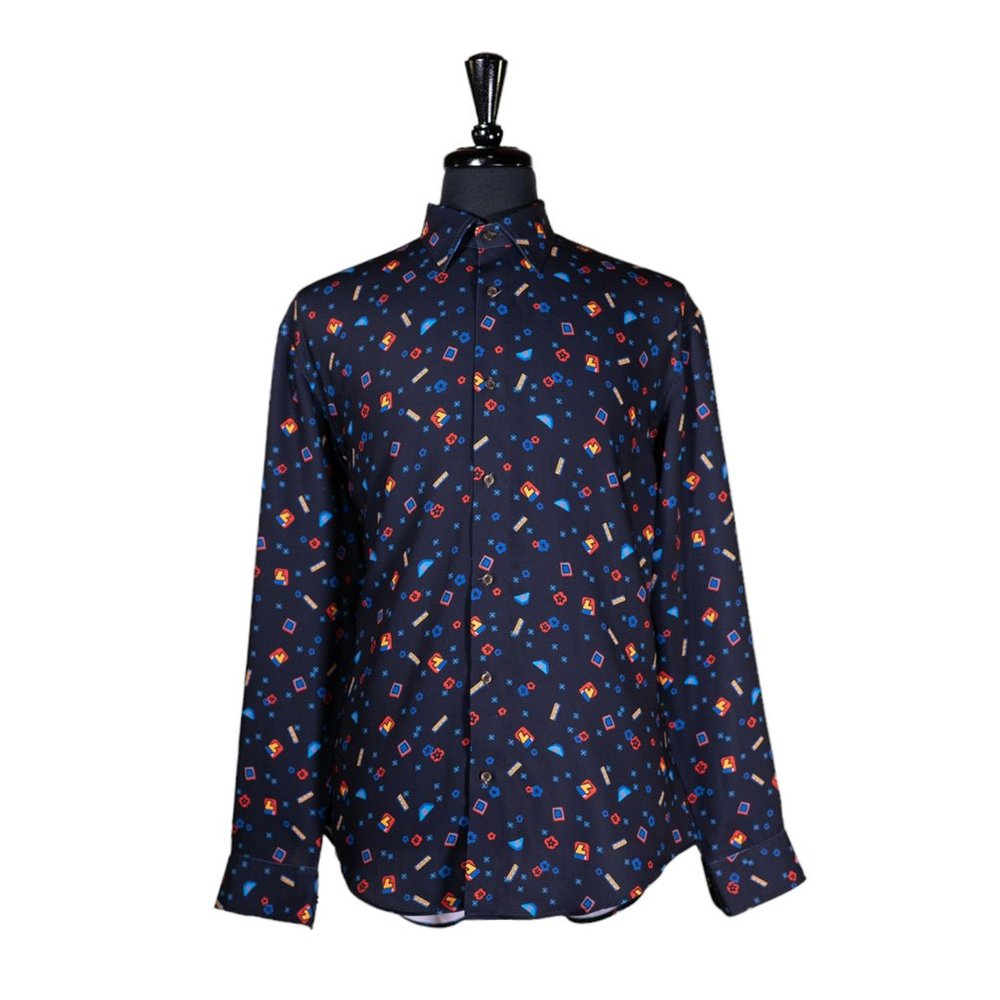 Mens Shirt Button Up Blue Red Geometric Silky Handmade Dress Casual Beach Large